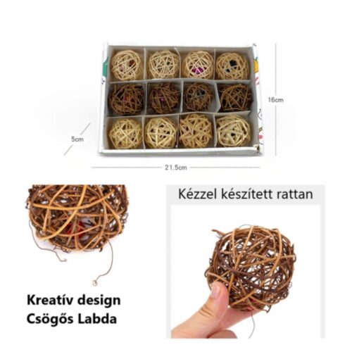 Csörgős rattan labdajáték készlet cicáknak-12db