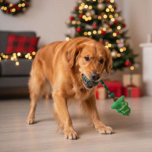 Karácsonyi kötéljáték kutyáknak fenyőfa plüssfejjel 25cm1