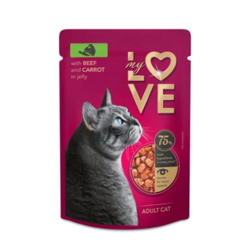 My Love alutasakos felnőtt macskaeledel marha és sárgarépa szószban 85g My Love alutasakos felnőtt macskaeledel marha és sárgarépa szószban 85g